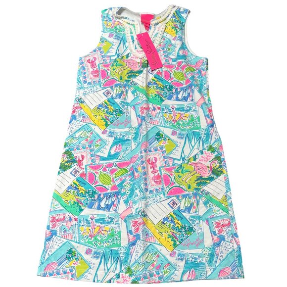 Lilly Pulitzer Girls XL Colorful Printed Sleeveless Dress NWT Pom Trim - Picture 1 of 3